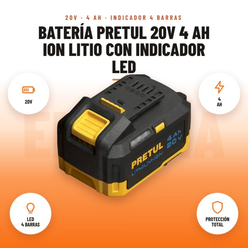 Batería Pretul 20V 4 Ah Ion Litio con Indicador LED: imagen promocional con 20v, 4 ah, led 4 barras, protección total
