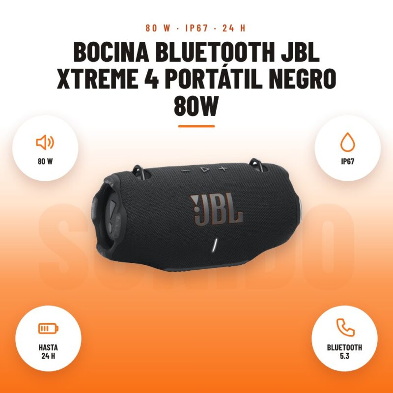 Bocina Bluetooth JBL Xtreme 4 Portátil Negro 80W: imagen promocional con 80 w, ip67, hasta 24 h, bluetooth 5.3