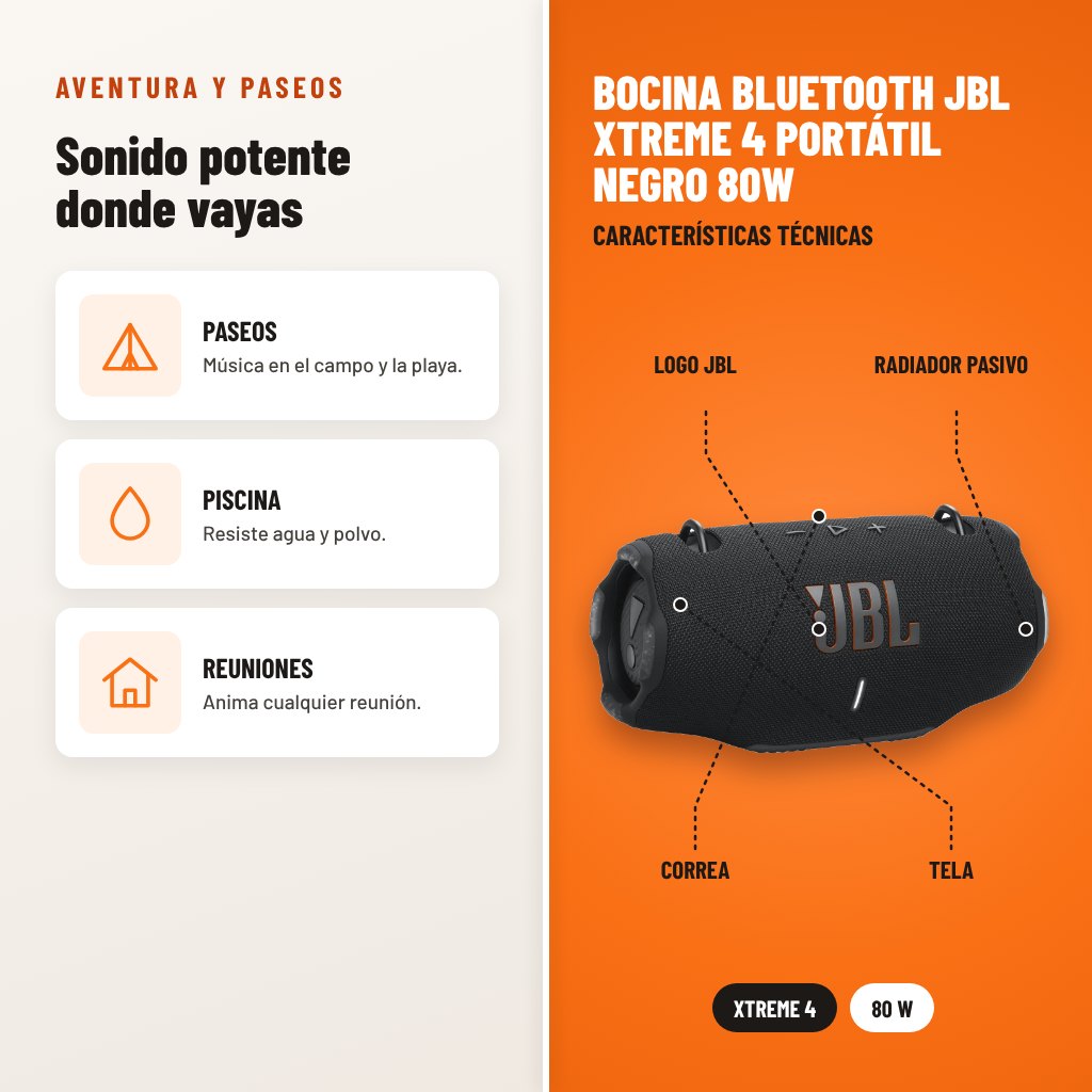 Bocina Bluetooth JBL Xtreme 4 Portátil Negro 80W: usos y características técnicas señaladas