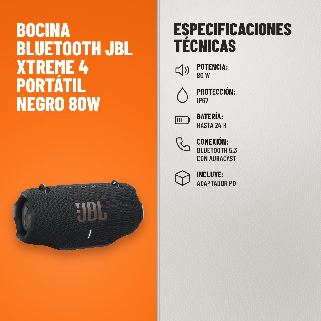 Especificaciones técnicas de Bocina Bluetooth JBL Xtreme 4 Portátil Negro 80W
