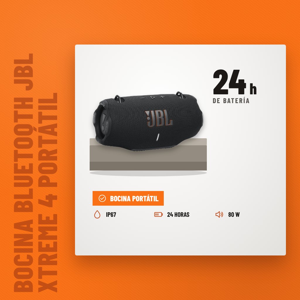 Bocina Bluetooth JBL Xtreme 4 Portátil Negro 80W sobre soporte con sus beneficios principales