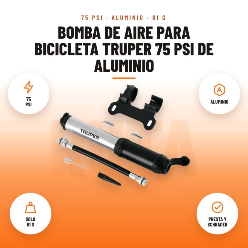 Bomba de Aire para Bicicleta Truper 75 PSI de Aluminio: imagen promocional con 75 psi, aluminio, solo 81 g, presta y schrader