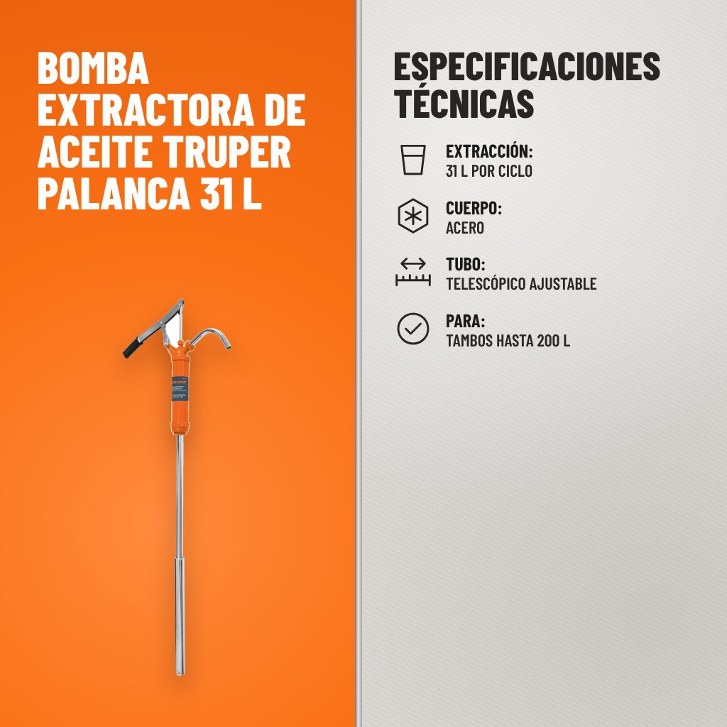 Especificaciones técnicas de Bomba Extractora de Aceite Truper Palanca 31 L