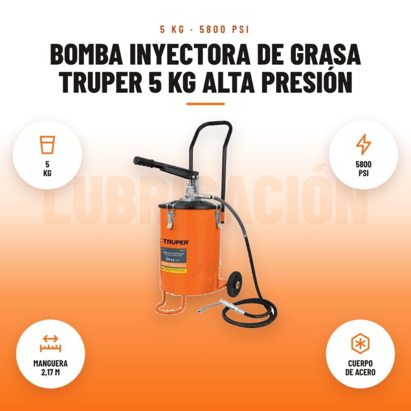 Bomba Inyectora de Grasa Truper 5 kg Alta Presión: imagen promocional con 5 kg, 5800 psi, manguera 2,17 m, cuerpo de acero