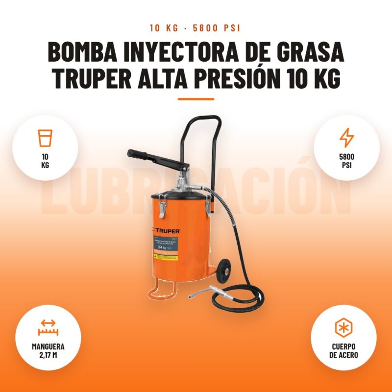 Bomba Inyectora de Grasa Truper Alta Presión 10 kg: imagen promocional con 10 kg, 5800 psi, manguera 2,17 m, cuerpo de acero