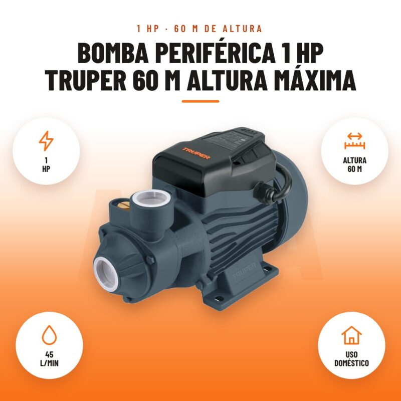 Bomba Periférica 1 HP Truper 60 m altura máxima: imagen promocional con 1 hp, altura 60 m, 45 l/min, uso doméstico