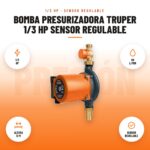 Bomba Presurizadora Truper 1/3 HP Sensor Regulable: imagen promocional con 1/3 hp, 60 l/min, altura 12 m, sensor regulable
