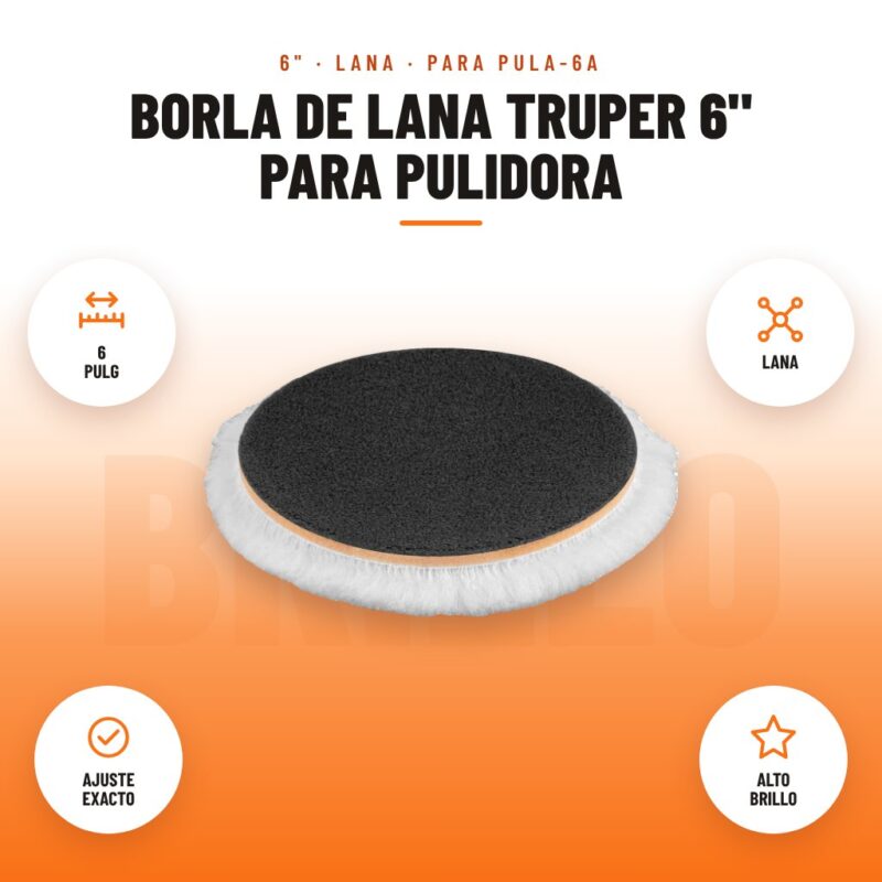 Borla de Lana Truper 6" para Pulidora: imagen promocional con 6 pulg, lana, ajuste exacto, alto brillo