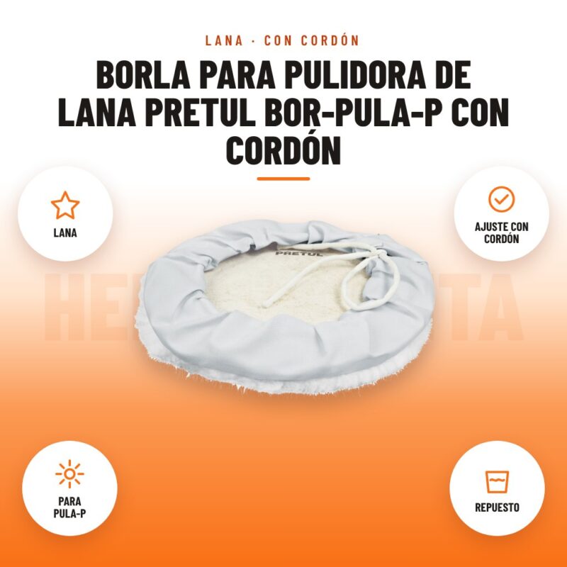 Borla para Pulidora de Lana Pretul BOR-PULA-P con Cordón: imagen promocional con lana, ajuste con cordón, para pula-p, repuesto