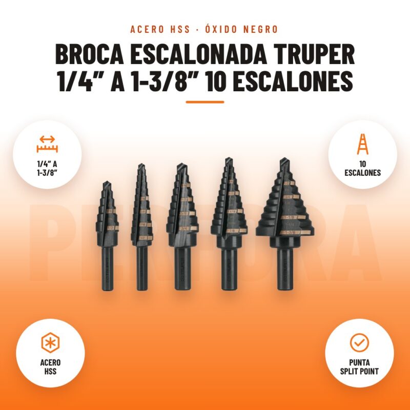 Broca Escalonada Truper 1/4″ a 1-3/8″ 10 Escalones: imagen promocional con 1/4″ a 1-3/8″, 10 escalones, acero hss, punta split point