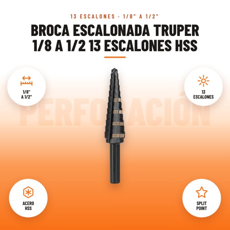 Broca Escalonada Truper 1/8 a 1/2 13 Escalones HSS: imagen promocional con 1/8" a 1/2", 13 escalones, acero hss, split point
