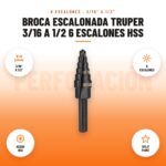 Broca Escalonada Truper 3/16 a 1/2 6 Escalones HSS: imagen promocional con 3/16" a 1/2", 6 escalones, acero hss, split point