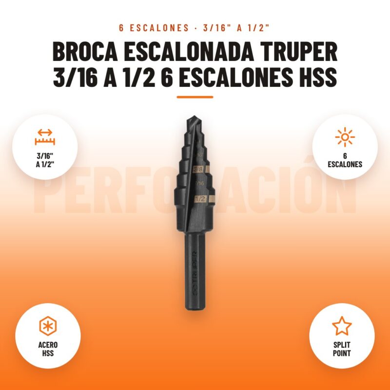 Broca Escalonada Truper 3/16 a 1/2 6 Escalones HSS: imagen promocional con 3/16" a 1/2", 6 escalones, acero hss, split point