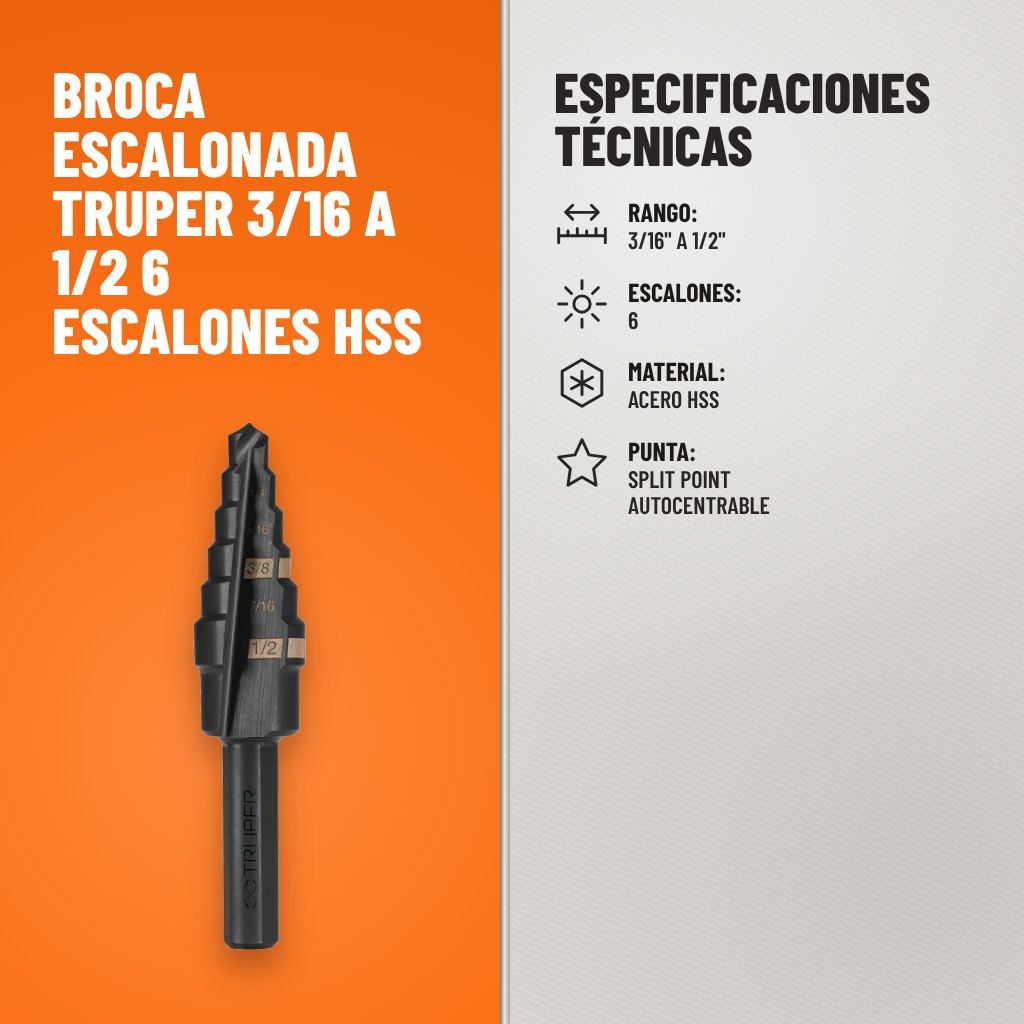 Especificaciones técnicas de Broca Escalonada Truper 3/16 a 1/2 6 Escalones HSS