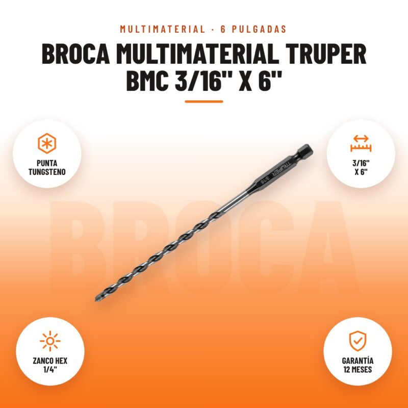 Broca Multimaterial Truper BMC 3/16" x 6": imagen promocional con punta tungsteno, 3/16" x 6", zanco hex 1/4", garantía 12 meses
