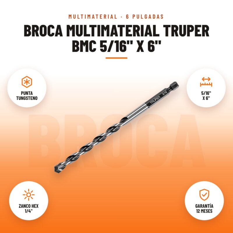 Broca Multimaterial Truper BMC 5/16" x 6": imagen promocional con punta tungsteno, 5/16" x 6", zanco hex 1/4", garantía 12 meses
