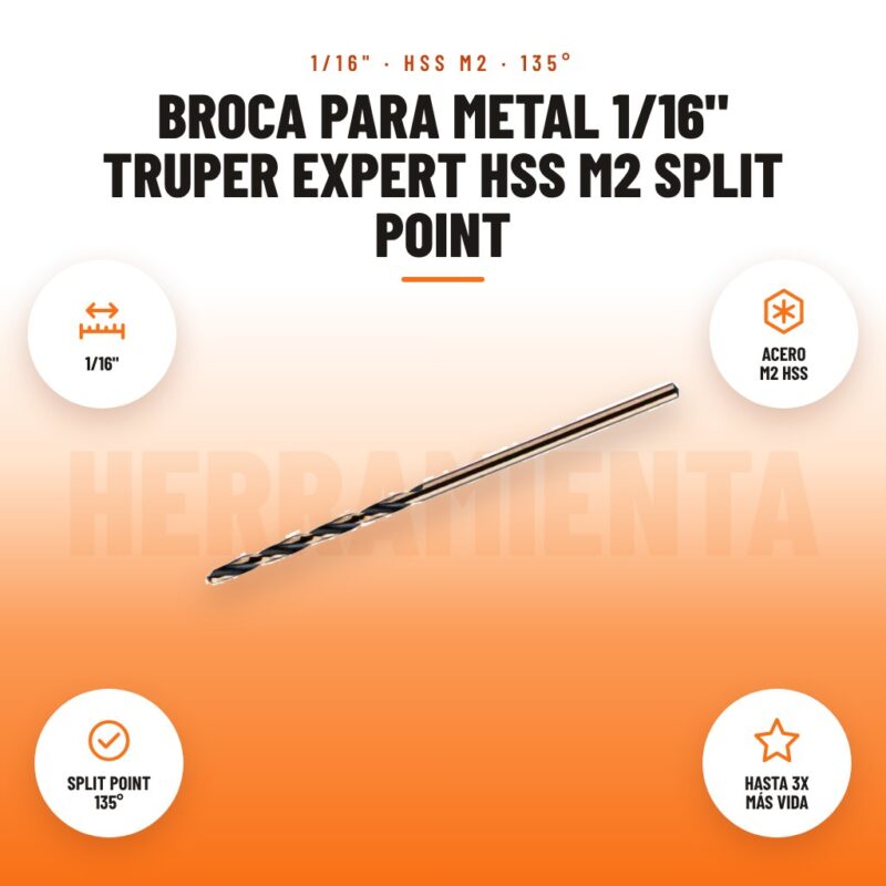 Broca para metal 1/16" Truper Expert HSS M2 Split Point: imagen promocional con 1/16", acero m2 hss, split point 135°, hasta 3x más vida