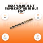 Broca para metal 3/8" Truper Expert HSS M2 Split Point: imagen promocional con 3/8", acero m2 hss, split point 135°, hasta 3x más vida