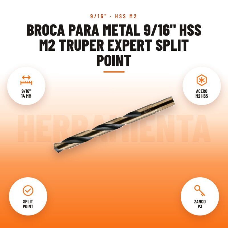 Broca para metal 9/16" HSS M2 Truper Expert Split Point: imagen promocional con 9/16" 14 mm, acero m2 hss, split point, zanco p3