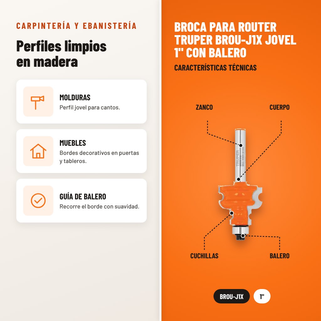 Broca para Router Truper BROU-J1X Jovel 1" con Balero: usos y características técnicas señaladas