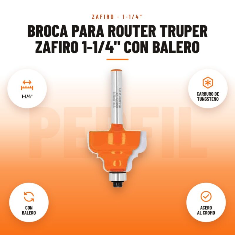Broca para Router Truper Zafiro 1-1/4" con Balero: imagen promocional con 1-1/4", carburo de tungsteno, con balero, acero al cromo