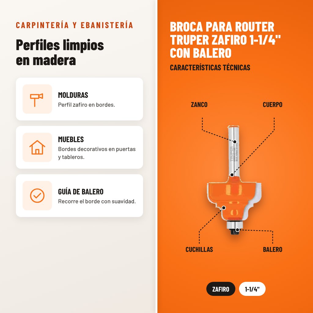 Broca para Router Truper Zafiro 1-1/4" con Balero: usos y características técnicas señaladas