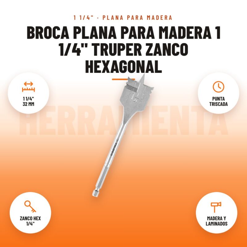Broca plana para madera 1 1/4" Truper zanco hexagonal: imagen promocional con 1 1/4" 32 mm, punta triscada, zanco hex 1/4", madera y laminados