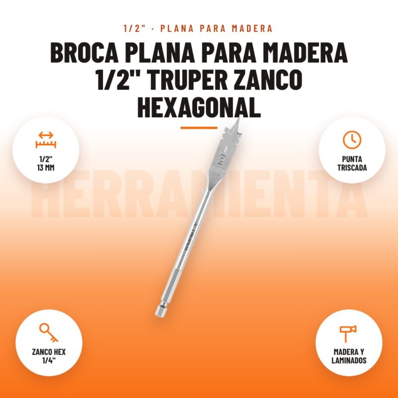 Broca plana para madera 1/2" Truper zanco hexagonal: imagen promocional con 1/2" 13 mm, punta triscada, zanco hex 1/4", madera y laminados