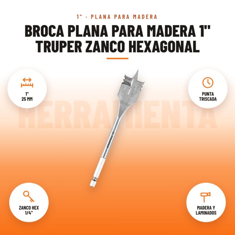 Broca plana para madera 1" Truper zanco hexagonal: imagen promocional con 1" 25 mm, punta triscada, zanco hex 1/4", madera y laminados