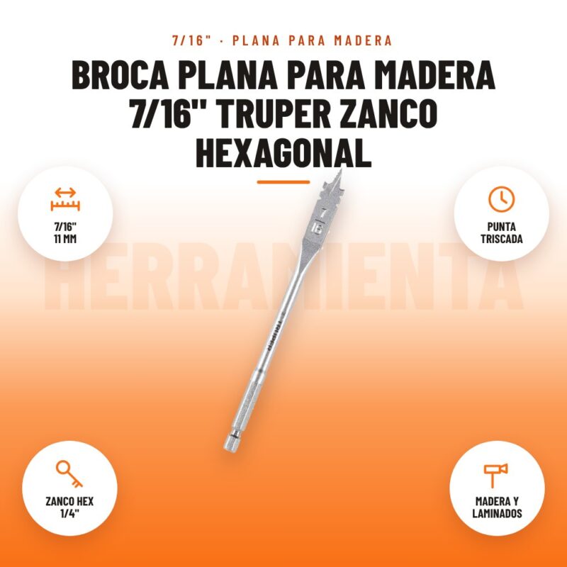 Broca plana para madera 7/16" Truper zanco hexagonal: imagen promocional con 7/16" 11 mm, punta triscada, zanco hex 1/4", madera y laminados