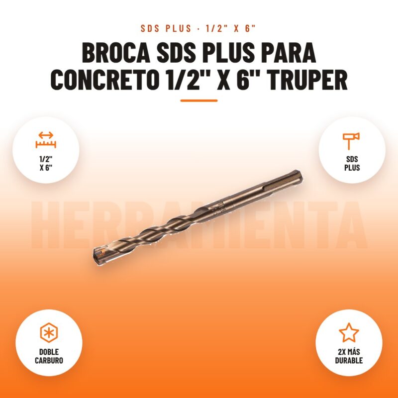 Broca SDS Plus para concreto 1/2" x 6" Truper: imagen promocional con 1/2" x 6", sds plus, doble carburo, 2x más durable