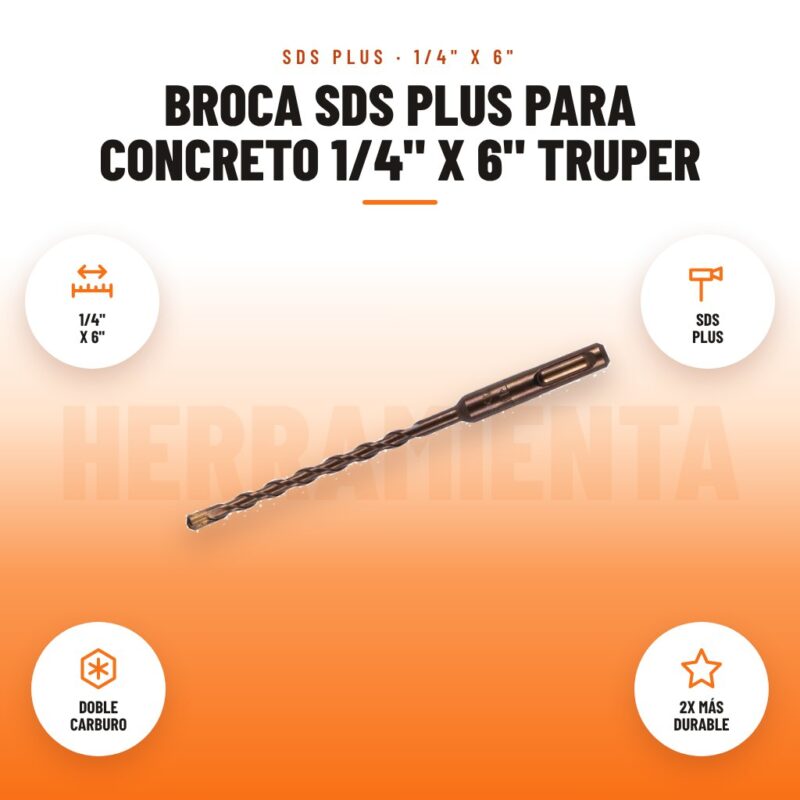 Broca SDS Plus para concreto 1/4" x 6" Truper: imagen promocional con 1/4" x 6", sds plus, doble carburo, 2x más durable