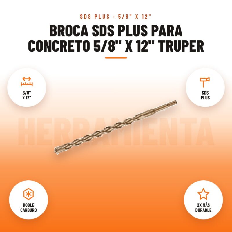 Broca SDS Plus para concreto 5/8" x 12" Truper: imagen promocional con 5/8" x 12", sds plus, doble carburo, 2x más durable