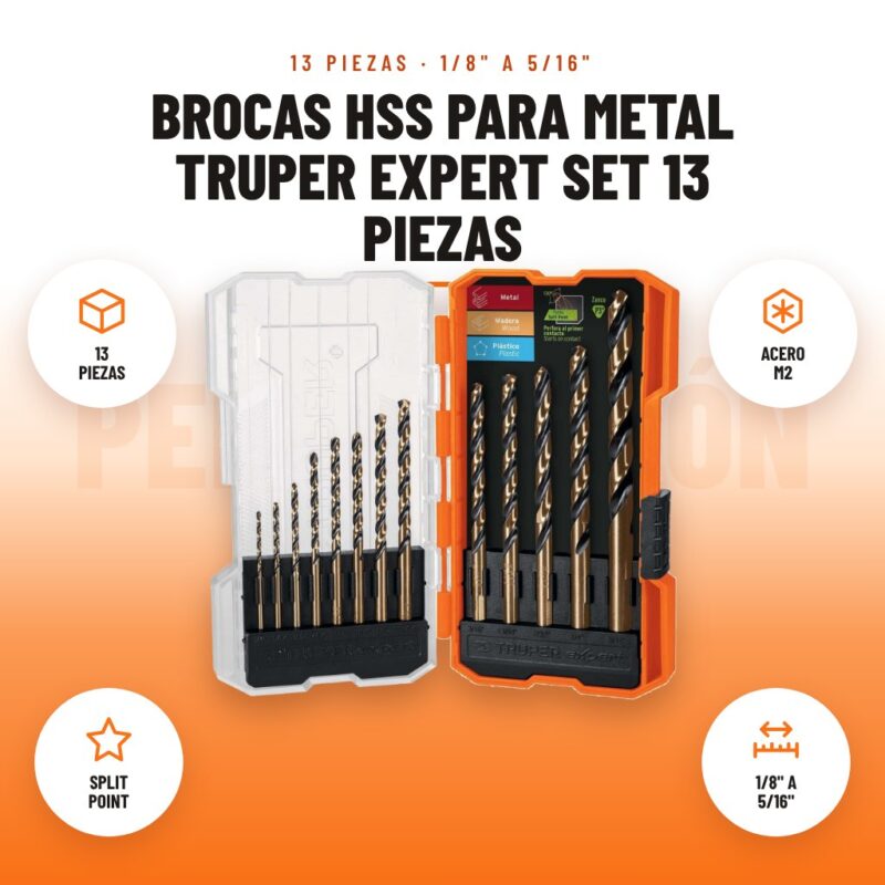 Brocas HSS para Metal Truper Expert Set 13 piezas: imagen promocional con 13 piezas, acero m2, split point, 1/8" a 5/16"