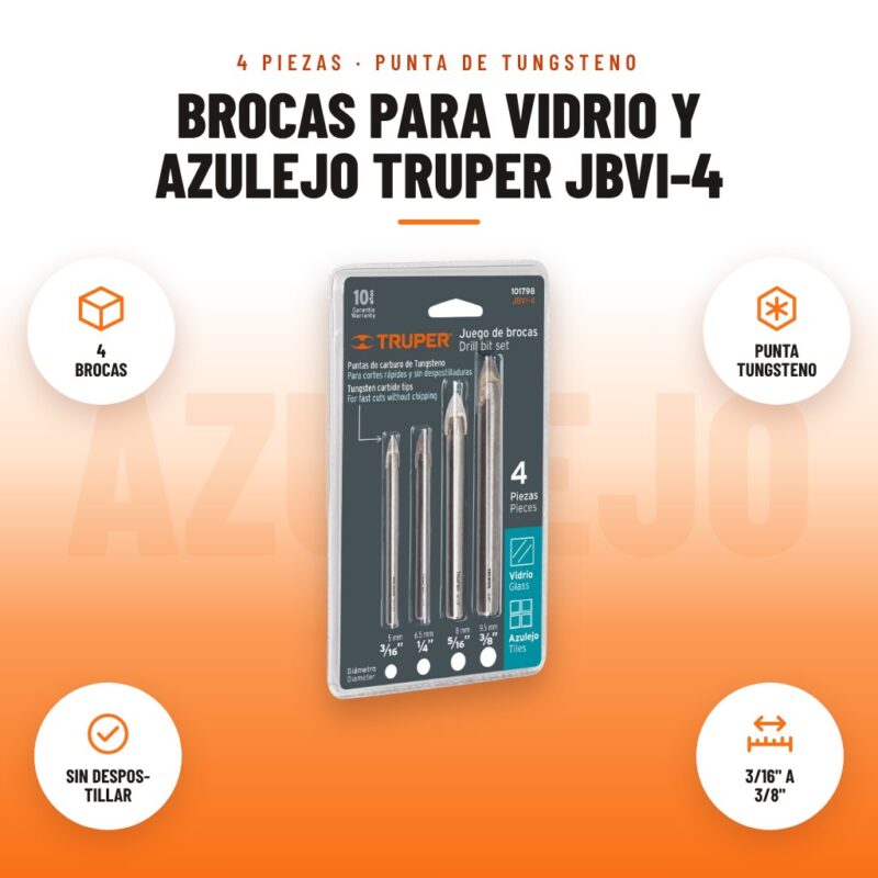 Brocas para Vidrio y Azulejo Truper JBVI-4: imagen promocional con 4 brocas, punta tungsteno, sin despos- tillar, 3/16" a 3/8"
