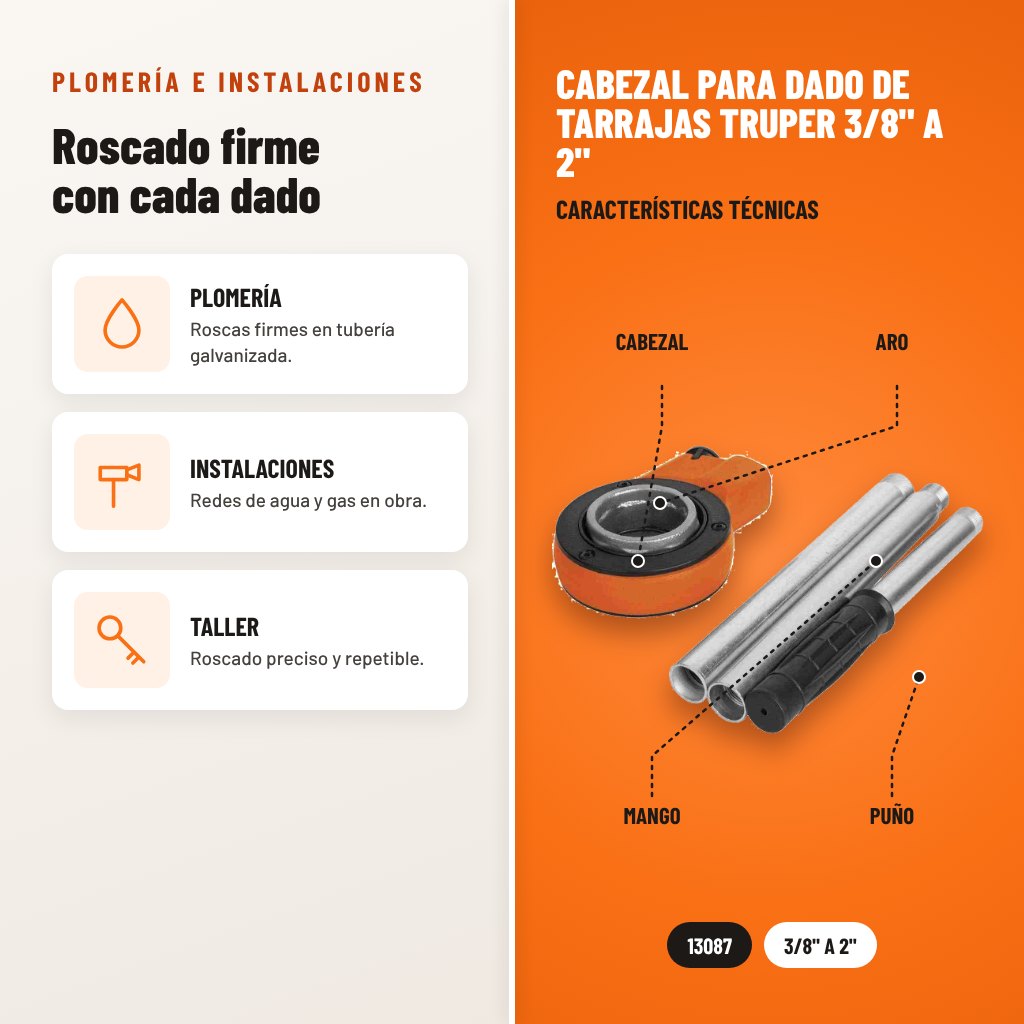 Cabezal para Dado de Tarrajas Truper 3/8" a 2": usos y características técnicas señaladas