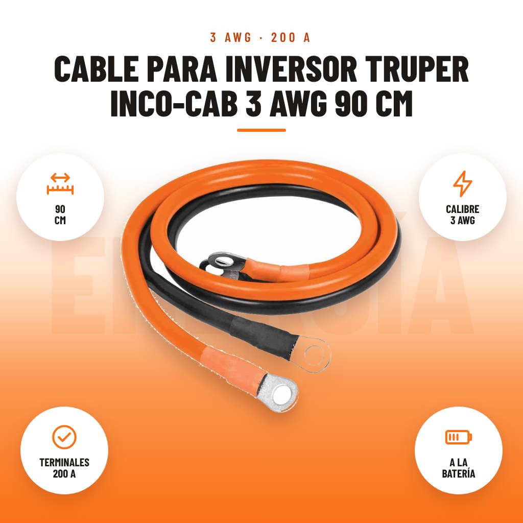 Cable para Inversor Truper INCO-CAB 3 AWG 90 cm: imagen promocional con 90 cm, calibre 3 awg, terminales 200 a, a la batería
