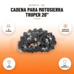 Cadena para Motosierra Truper 20": imagen promocional con 20 pulgadas, acero alta resistencia, 39 dientes, bajo contragolpe