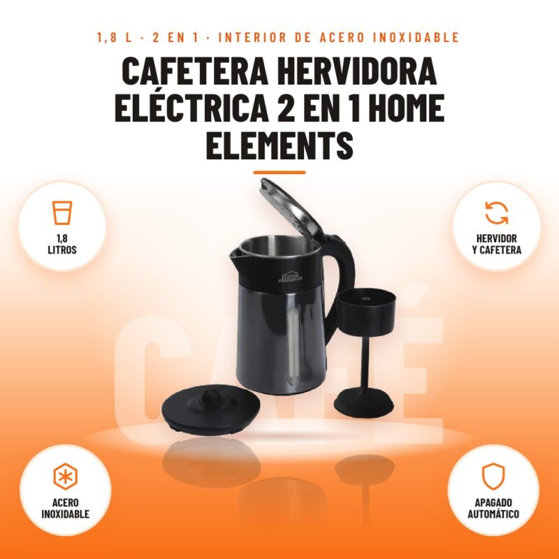 Cafetera Hervidora Eléctrica 2 en 1 Home Elements: imagen promocional con 1,8 litros, hervidor y cafetera, acero inoxidable, apagado automático