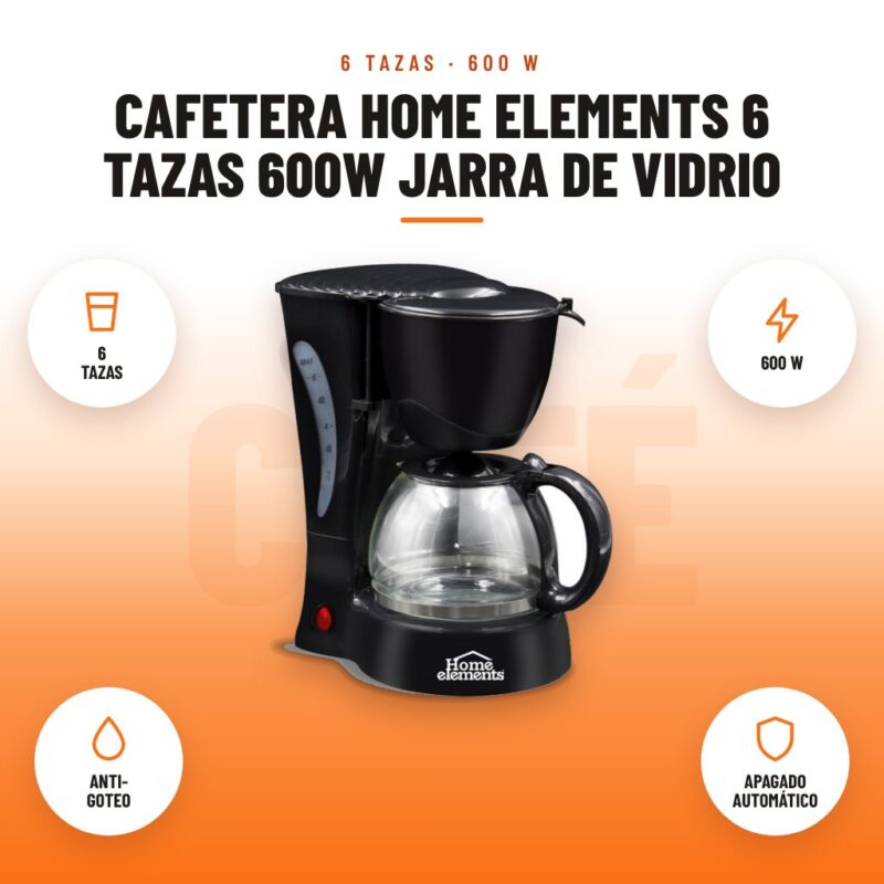 Cafetera Home Elements 6 Tazas 600W Jarra de Vidrio: imagen promocional con 6 tazas, 600 w, anti- goteo, apagado automático