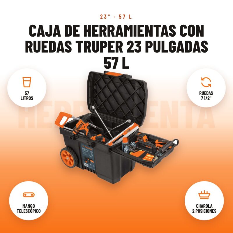 Caja de Herramientas con Ruedas Truper 23 Pulgadas 57 L: imagen promocional con 57 litros, ruedas 7 1/2", mango telescópico, charola 2 posiciones