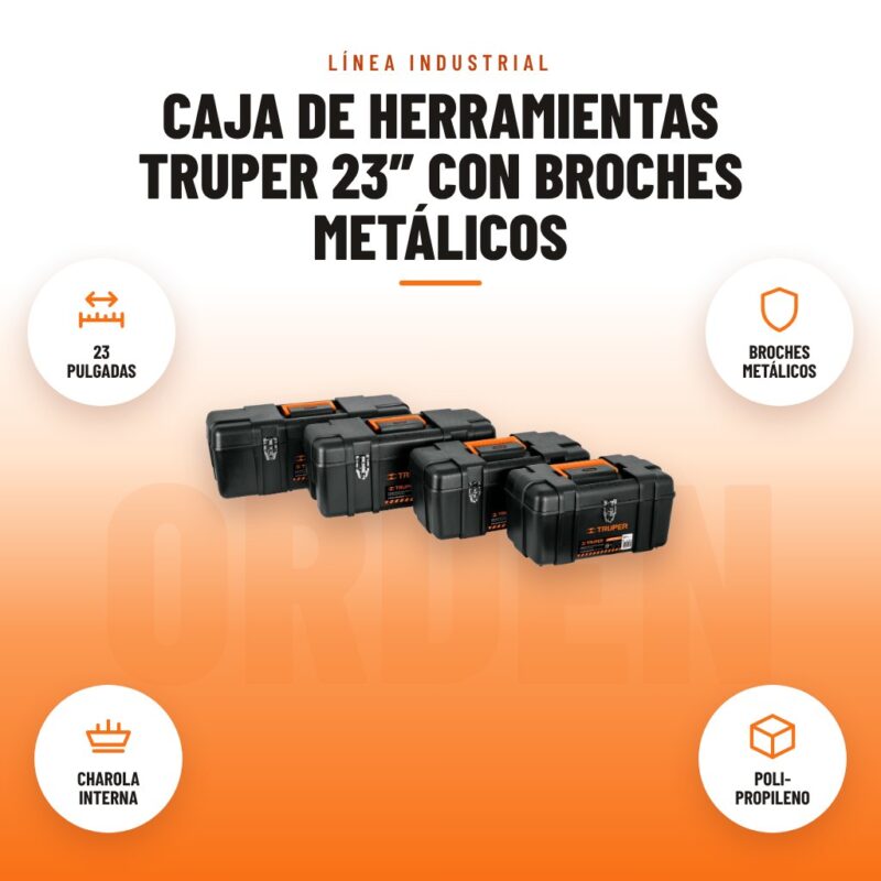 Caja de Herramientas Truper 23″ con Broches Metálicos: imagen promocional con 23 pulgadas, broches metálicos, charola interna, poli- propileno