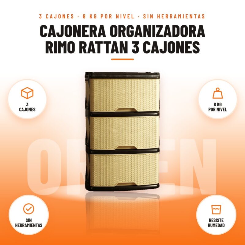 Cajonera Organizadora Rimo Rattan 3 Cajones: imagen promocional con 3 cajones, 8 kg por nivel, sin herramientas, resiste humedad