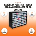 Cajonera plástica Truper ORG-64 organizador de 64 gavetas: imagen promocional con 64 gavetas, gavetas traslúcidas, 16 separadores, montaje en pared