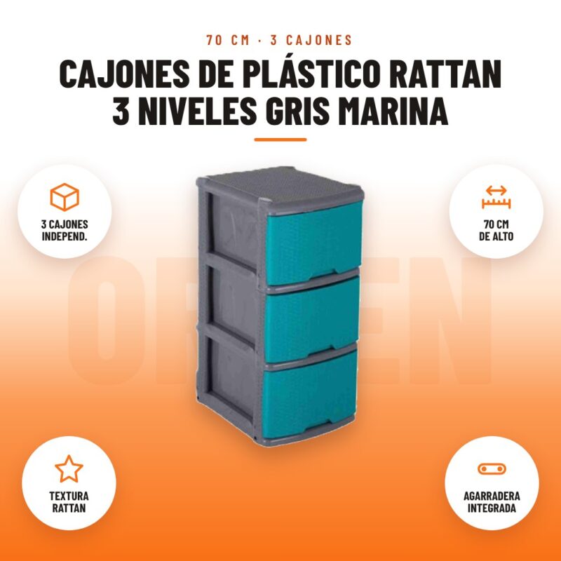 Cajones de Plástico Rattan 3 Niveles Gris Marina: imagen promocional con 3 cajones independ., 70 cm de alto, textura rattan, agarradera integrada