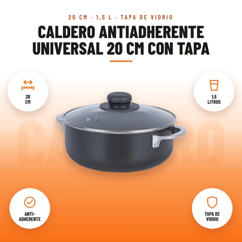 Caldero Antiadherente Universal 20 cm con Tapa: imagen promocional con 20 cm, 1,5 litros, anti- adherente, tapa de vidrio