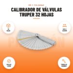 Calibrador de Válvulas Truper 32 Hojas: imagen promocional con 32 hojas, 0.04 a 0.88 mm, hoja de latón, tuerca de bloqueo