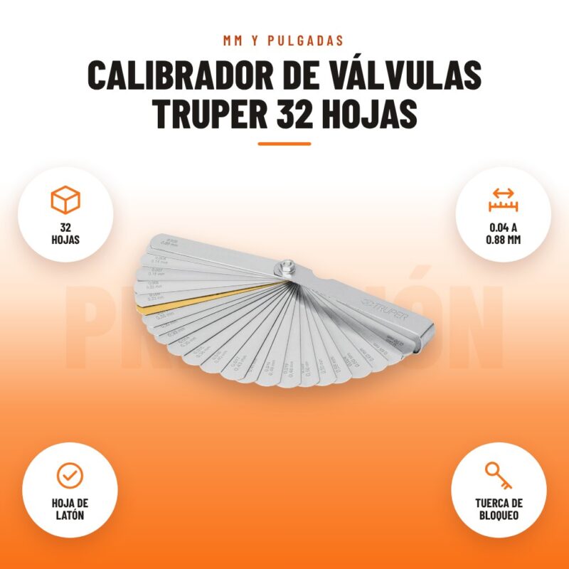 Calibrador de Válvulas Truper 32 Hojas: imagen promocional con 32 hojas, 0.04 a 0.88 mm, hoja de latón, tuerca de bloqueo