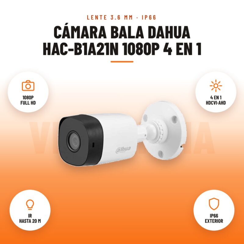Cámara Bala Dahua HAC-B1A21N 1080p 4 en 1: imagen promocional con 1080p full hd, 4 en 1 hdcvi·ahd, ir hasta 20 m, ip66 exterior