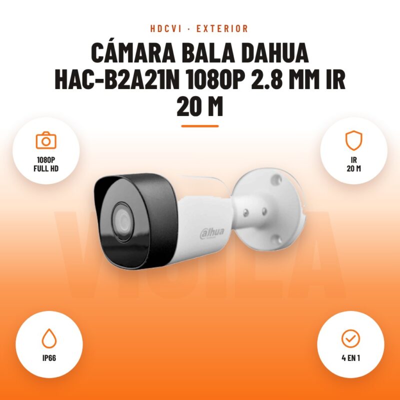 Cámara Bala Dahua HAC-B2A21N 1080p 2.8 mm IR 20 m: imagen promocional con 1080p full hd, ir 20 m, ip66, 4 en 1
